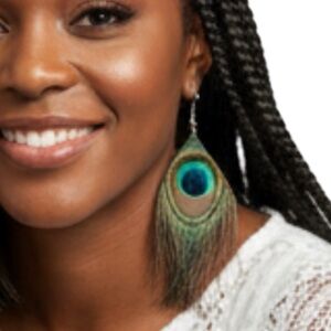 Peacock Feather Dangle Earrings – Boho Statement Earrings with Blue Green Eye